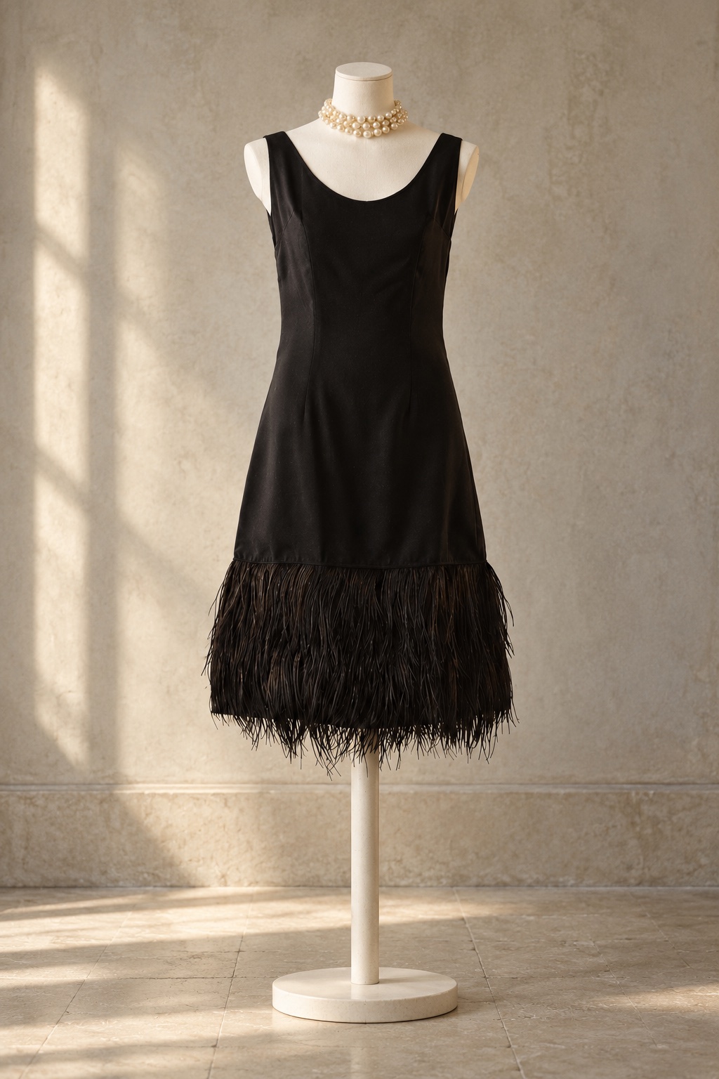 Konzeptmotiv: schwarzes Fransen-Kleid mit Perlenkette auf einer Museumspuppe vor einer hellen Wand